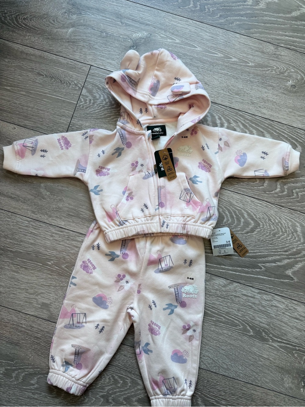 Roots Baby Pink Hooded Zip Jacket with Pastel Nature/Park Print
